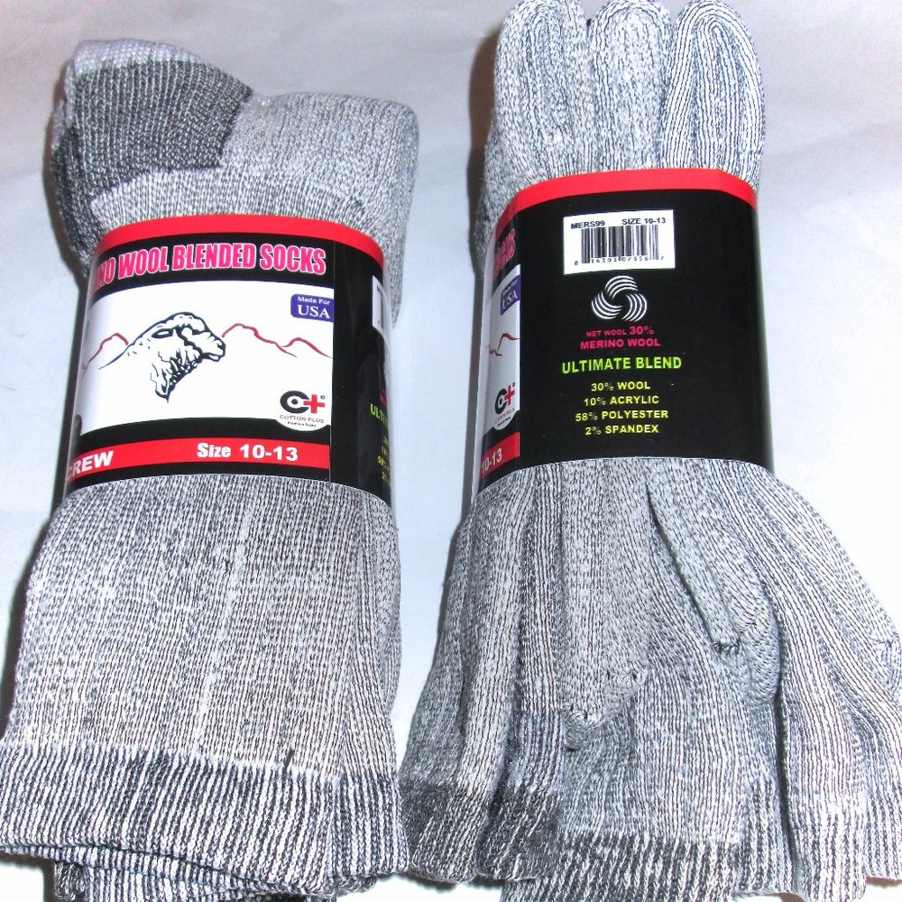 6 Pairs Mens Soft MERINO Wool Blend Cushioned Gray Thermal Crew Boot Socks